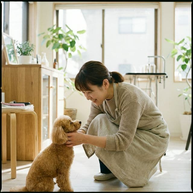 犬と同じ目線で優しく接するトリマー